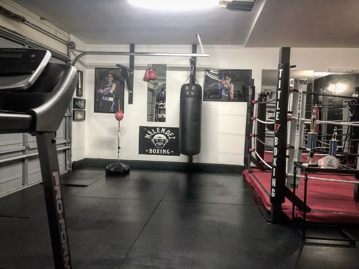 a gym with boxing gloves and punching bags