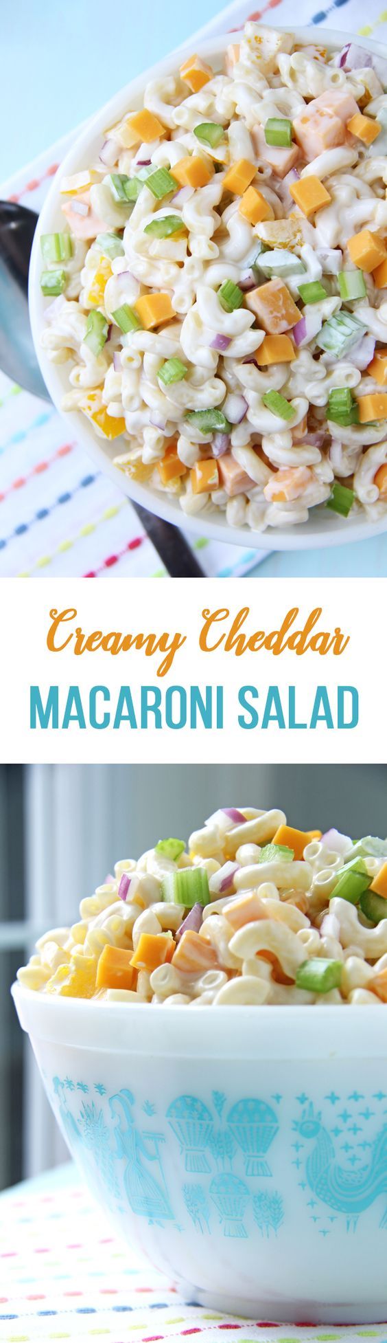 this creamy macaroni salad is loaded with cheese and vegetables