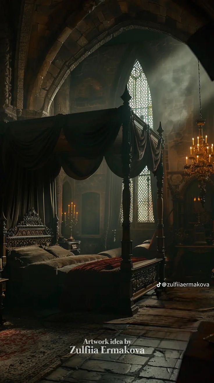 an old fashioned bed in the middle of a room with chandelier and windows