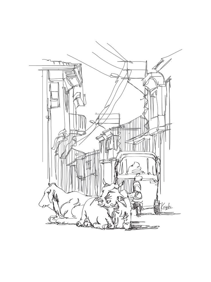 an ink drawing of two cows laying down in the street next to a building and people walking by