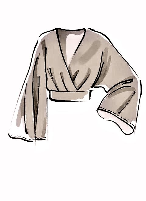 a drawing of a woman's top with long sleeves and a tie around the neck