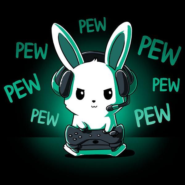 a white rabbit with headphones on holding a video game controller