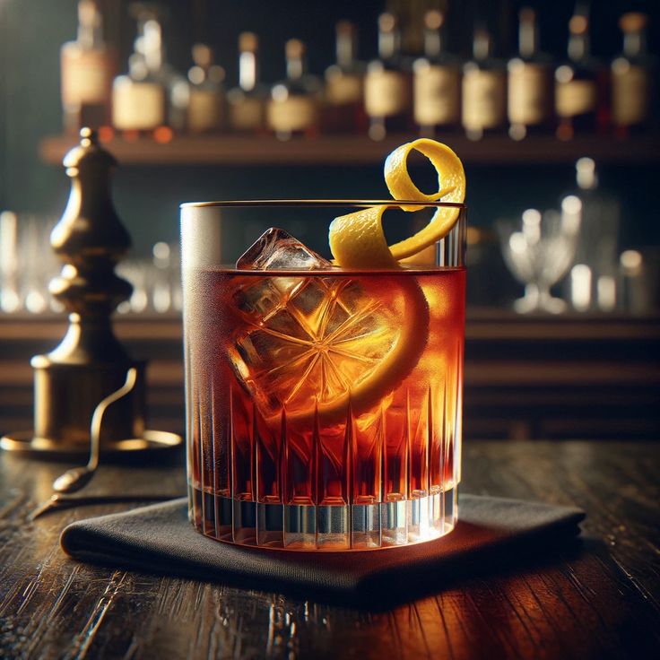 an old fashioned cocktail sits on a wooden table