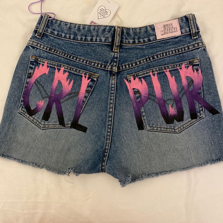 Custom Painted Girl Power Shorts Brand New Cute Pink Bottoms With Pockets, Pink Letter Print Bottoms For Streetwear, Summer Denim Bottoms With Letter Print, Y2k Pink Bottoms For Summer, Blue Cotton Y2k Shorts, Y2k Style Pink Bottoms For Summer, High Rise Pink Bottoms For Streetwear, Cute Purple Cotton Bottoms, Pink Y2k Denim Bottoms