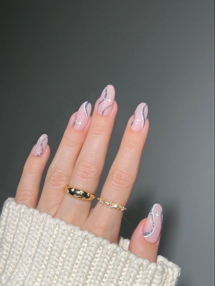 #nails -#nailart #swirlnails #glitternails #winternails Sparkly Nail Designs, Silver Acrylic Nails, Swirl Nail Art, Silver Nail Designs, Ring Finger Nails, Line Nail Art, Silver Nail Art, 2023 Nails, White And Silver Nails