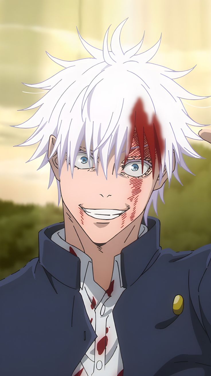 an anime character with white hair wearing a blue jacket and red tie, smiling at the camera