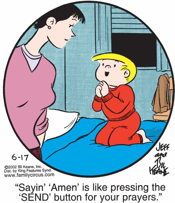 a cartoon image of a woman talking to a child in bed with the caption saying, savini'amen'is like pressing the send button for your prayer