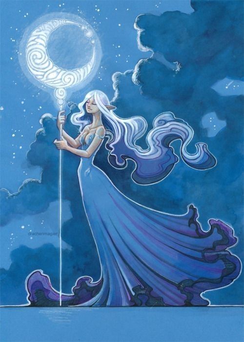 a painting of a woman holding a pole with a moon in the sky behind her