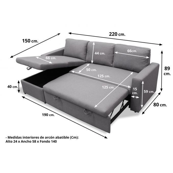 the sectional sofa is shown with measurements for each seat and back end, along with an extra storage compartment