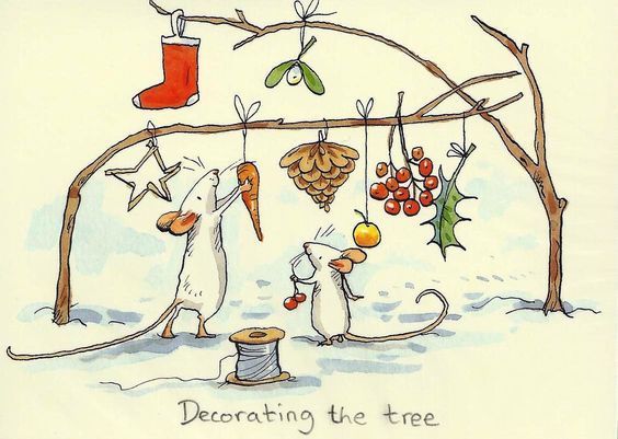 two mice are decorating the tree for christmas