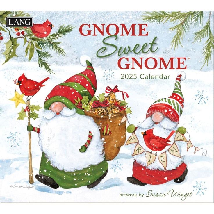 an image of gnomes in the snow with christmas decorations on their heads and hands