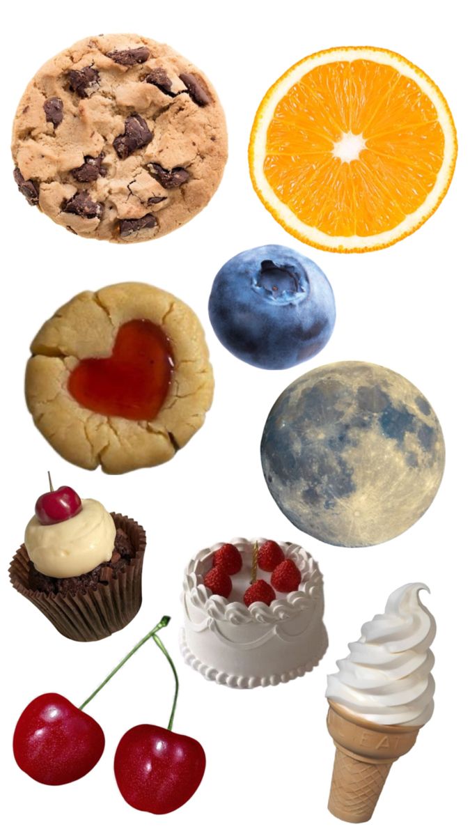 there are many different desserts and pastries on this white background with the moon in the sky