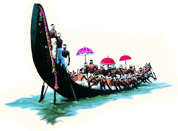 a group of people riding on the back of a boat in water with umbrellas