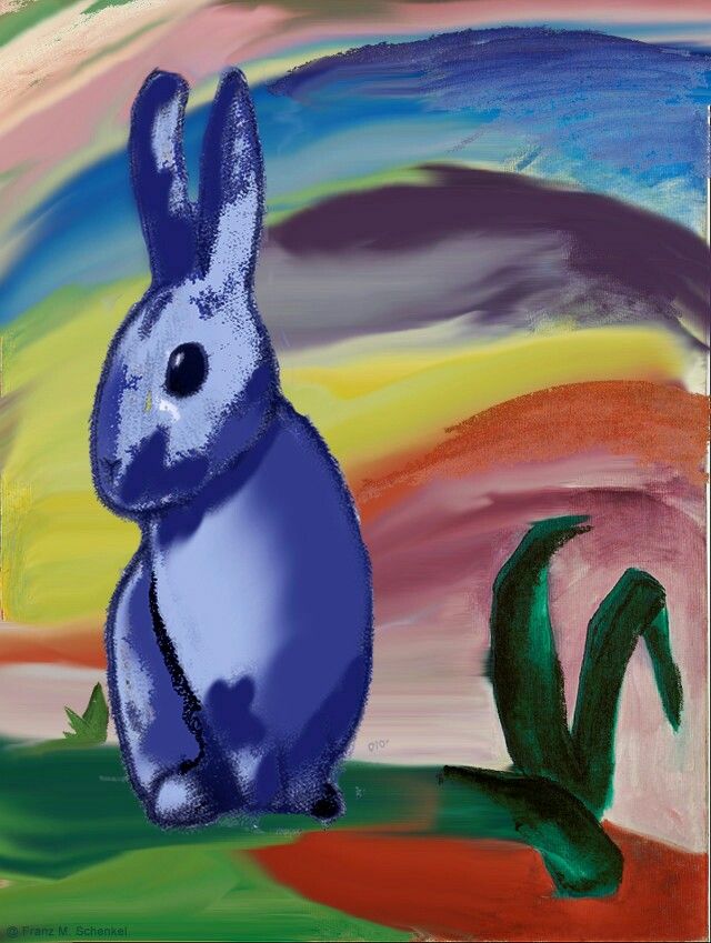 a painting of a blue bunny sitting in front of a colorful sky with clouds and grass