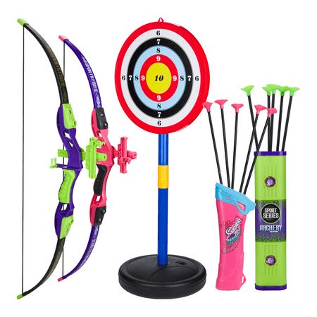 an assortment of toys including archery bows and arrows