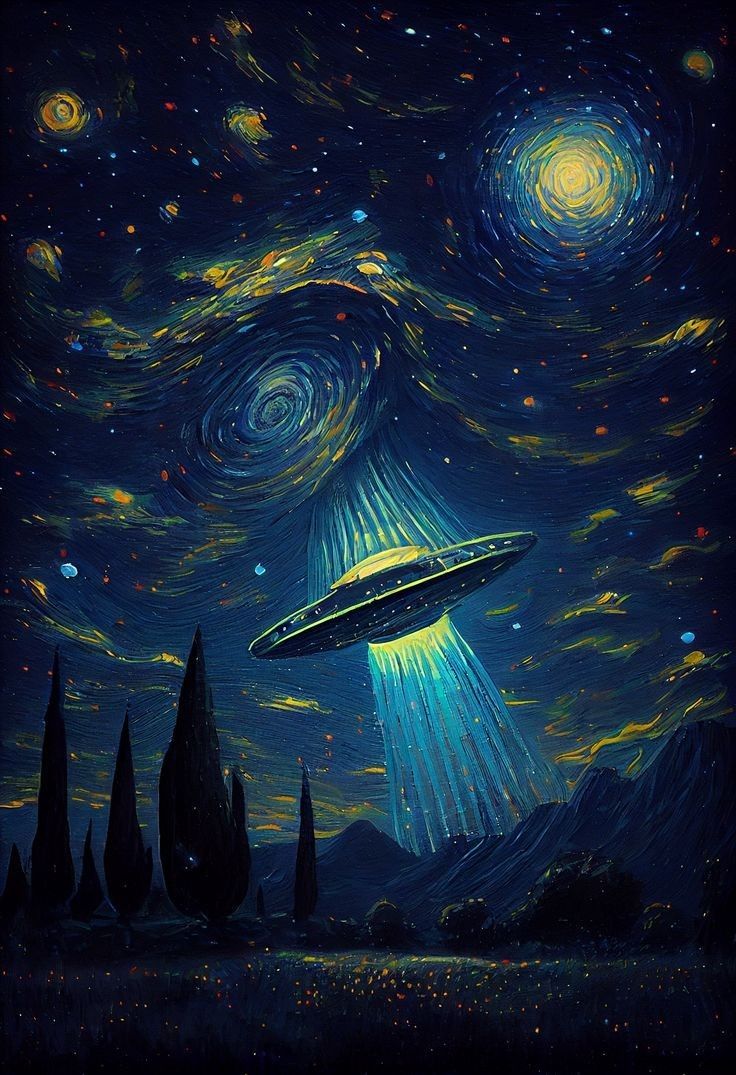 an alien ship flying through the night sky