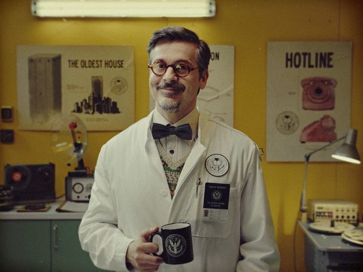 a man in a lab coat and bow tie holding a coffee mug