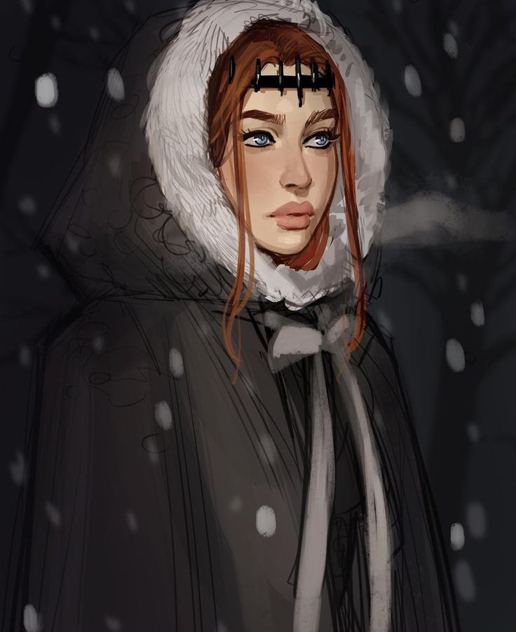 a drawing of a woman with red hair wearing a black coat and white hoodie