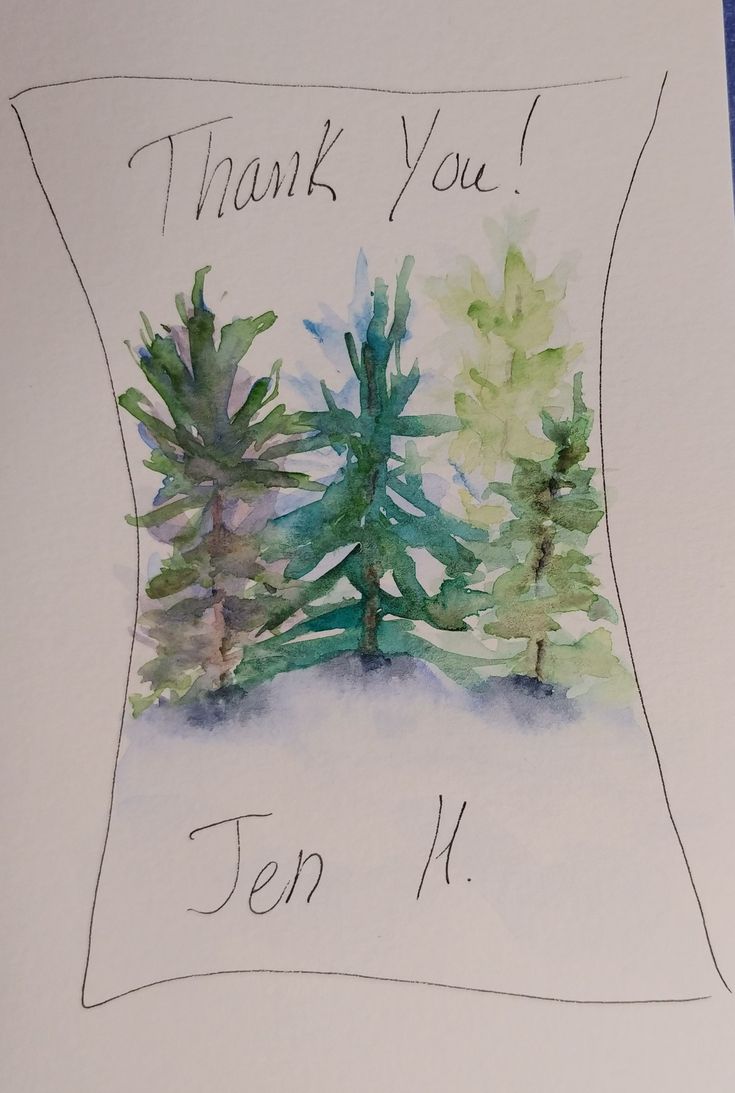 a thank card with watercolor trees and the words'thank you'written on it