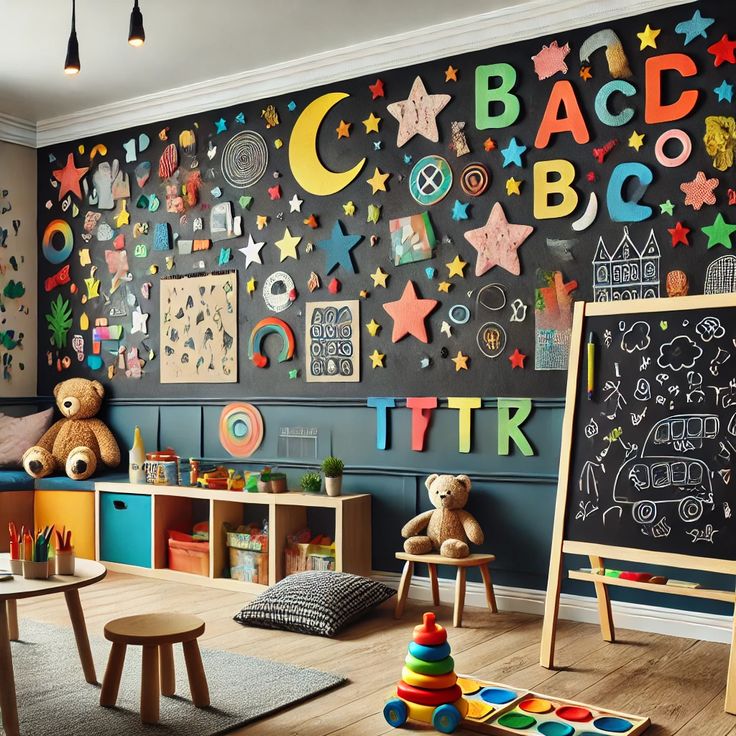 a child's playroom with toys and chalkboard on the wall in front of it