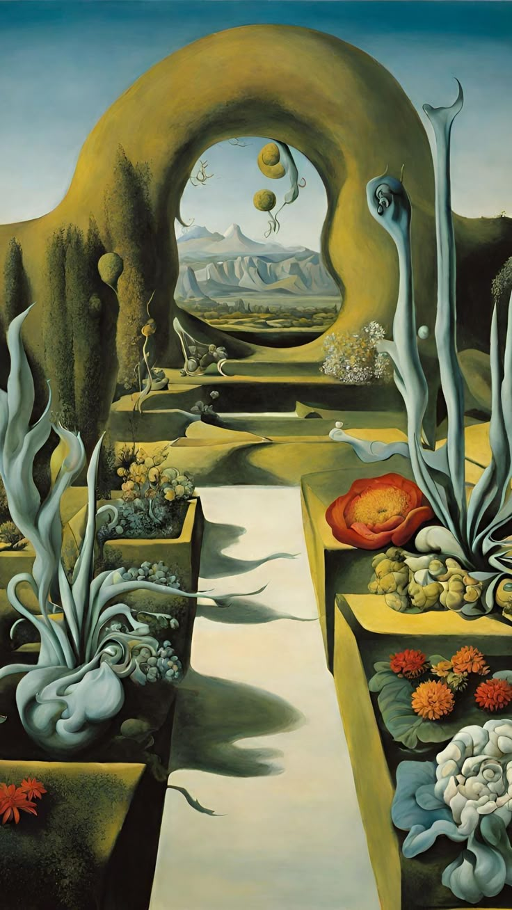 an artistic painting with plants and flowers in the foreground, surrounded by other plant life