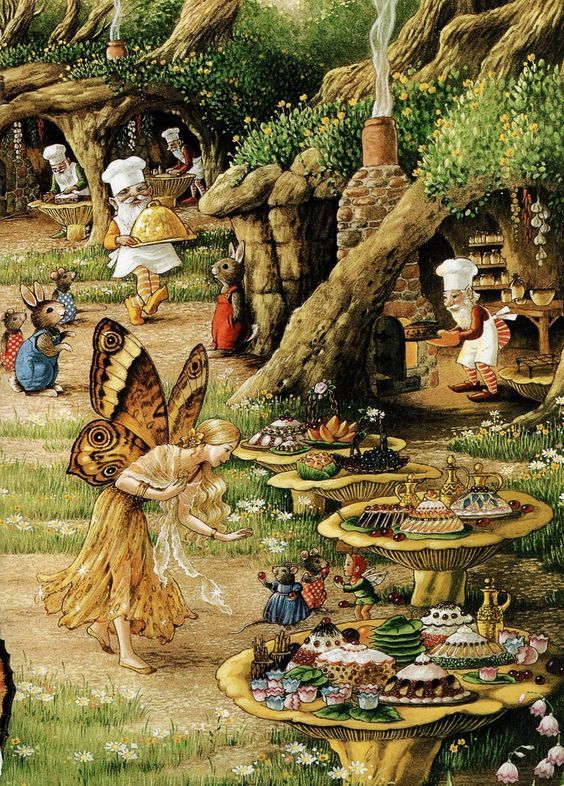 a fairy tale with many people in the background and lots of food on tables outside