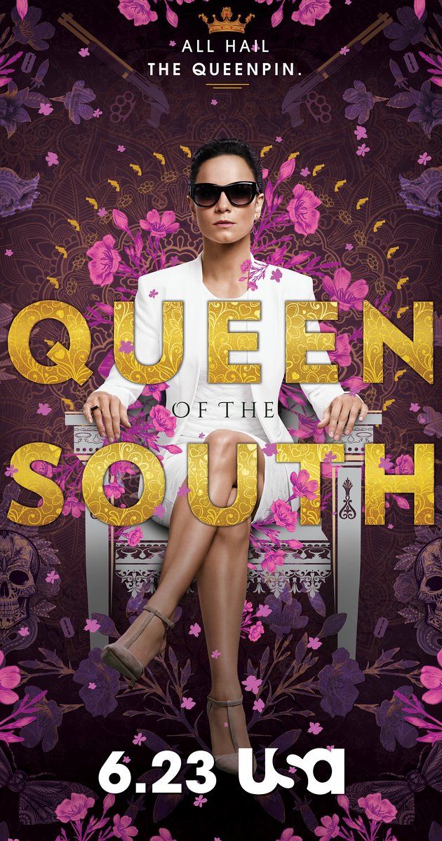 a poster for queen of the south featuring a woman sitting on a chair with flowers