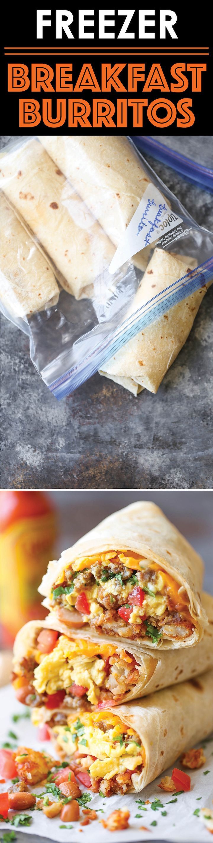 there are three burritos stacked on top of each other with the words freezer breakfast burritos