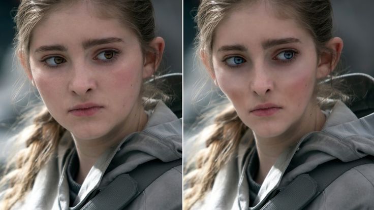 two pictures of a woman with blue eyes and braids in her hair, one is looking at the camera