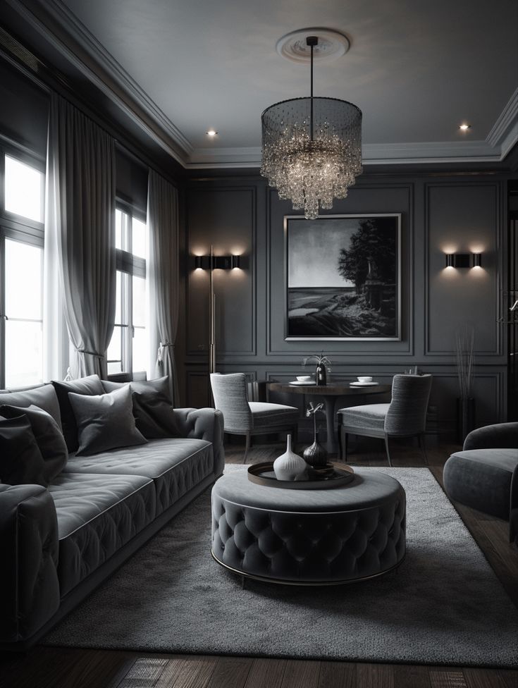 a living room filled with furniture and a chandelier