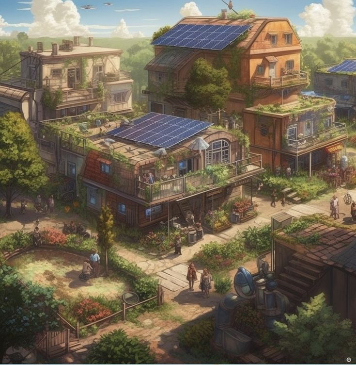 an artist's rendering of a town with solar panels on the roof and people walking around