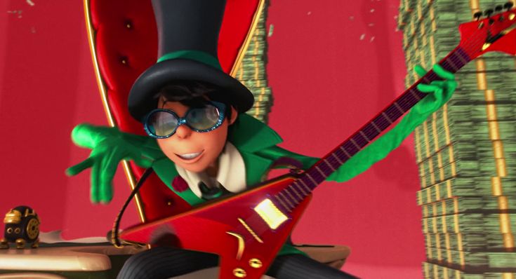 the animated character is playing an electric guitar