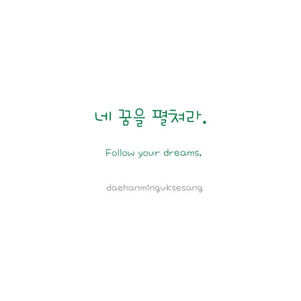 the words are written in korean and english on a white background with green lettering that reads follow your dreams