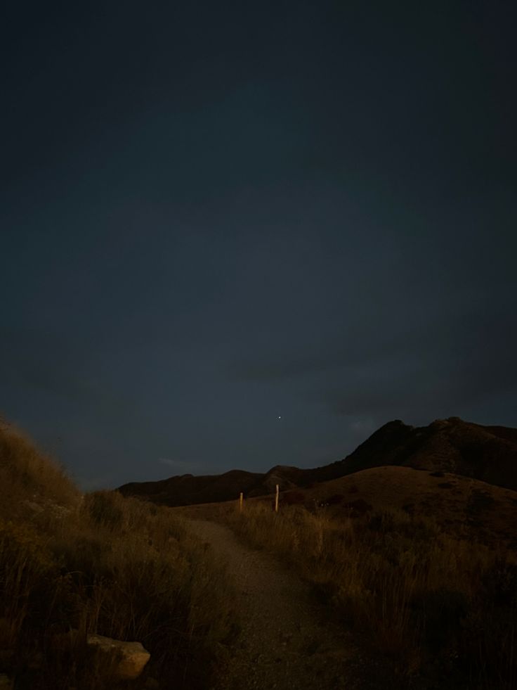 a dirt path in the middle of a field at night