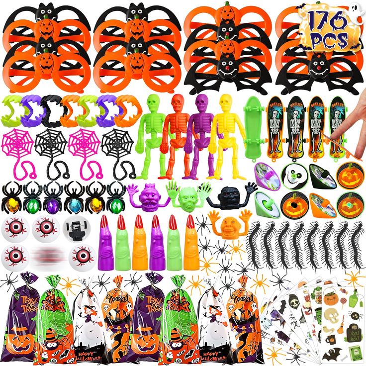 various halloween decorations and accessories are arranged on a white background, including pumpkins, bats, spider webs, jack - o - lanterns, and more