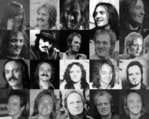 black and white photo of many different people with long hair, beards and moustaches