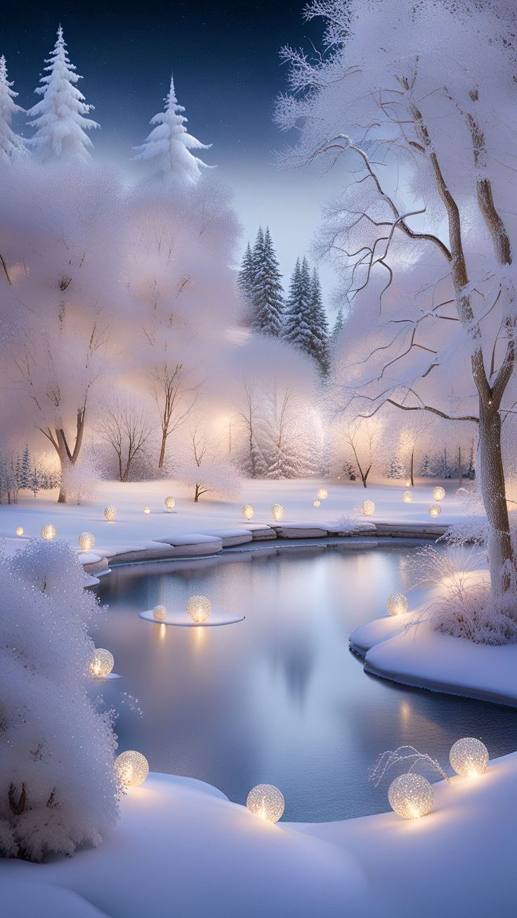 a pond surrounded by snow covered trees and lit up lanterns in the middle of it