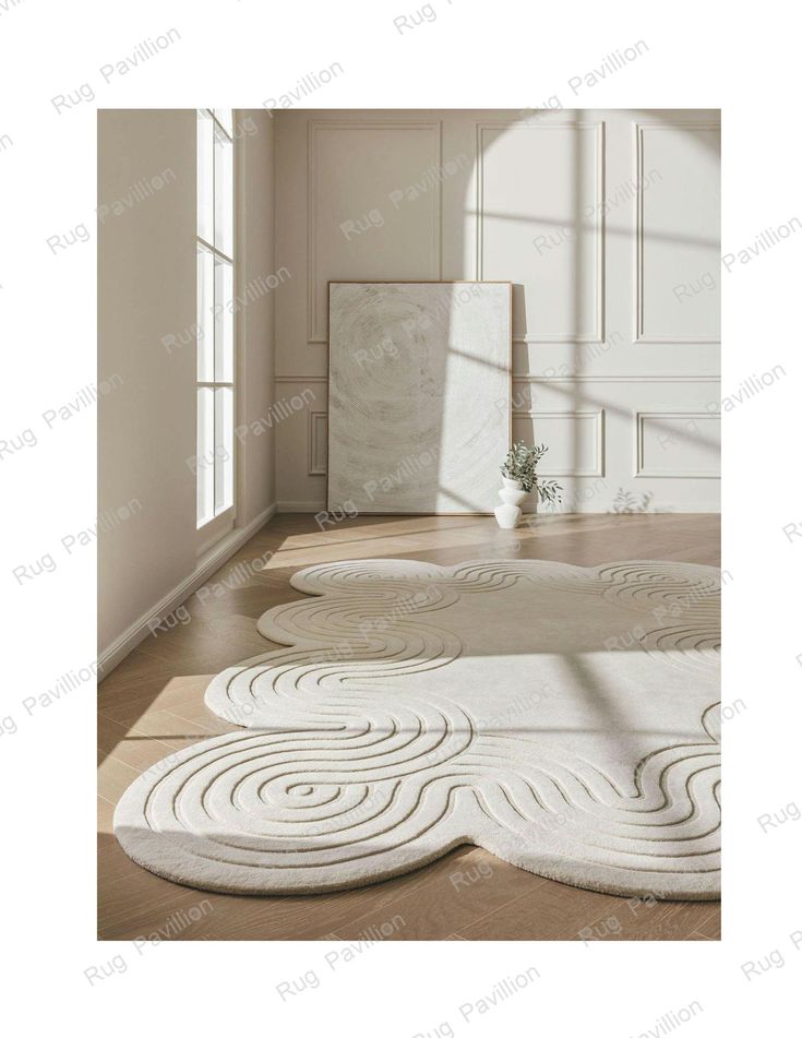 a white rug in the middle of a room with two vases on the floor