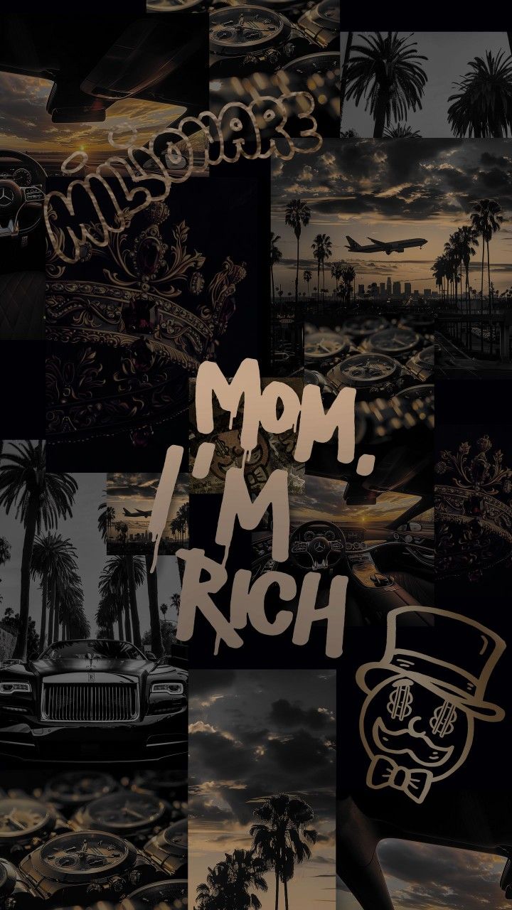 the words mom, i'm rich are written in different languages and pictures with palm trees