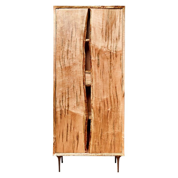 a wooden cabinet with two sections cut in half