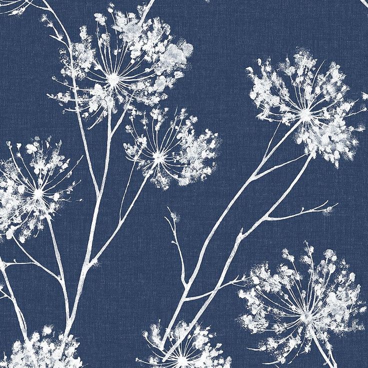 a blue and white wallpaper with flowers on it