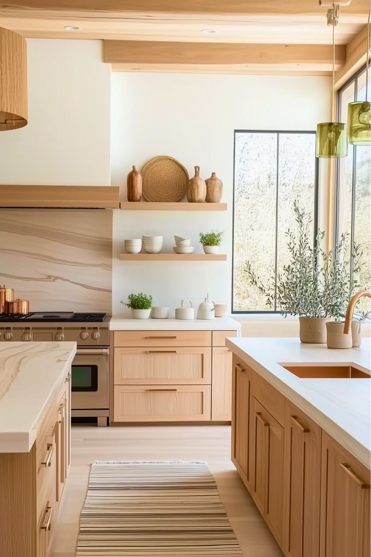 the kitchen is clean and ready for us to use it's natural wood accents