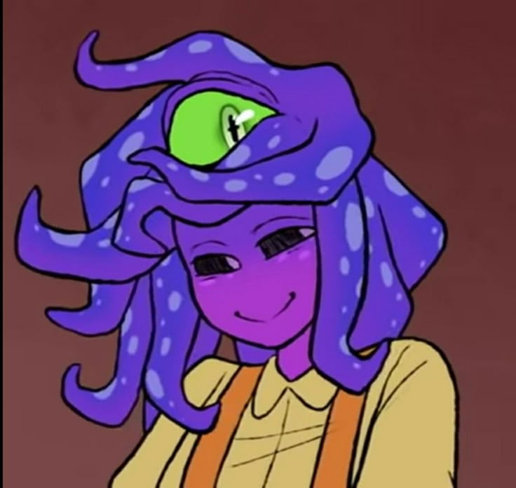 a drawing of a woman with purple hair and an octopus like hat on her head