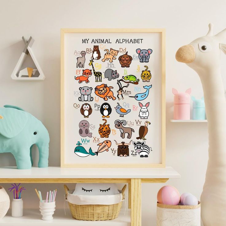 an animal alphabet poster on a shelf next to a toy elephant and other toys in a child's room