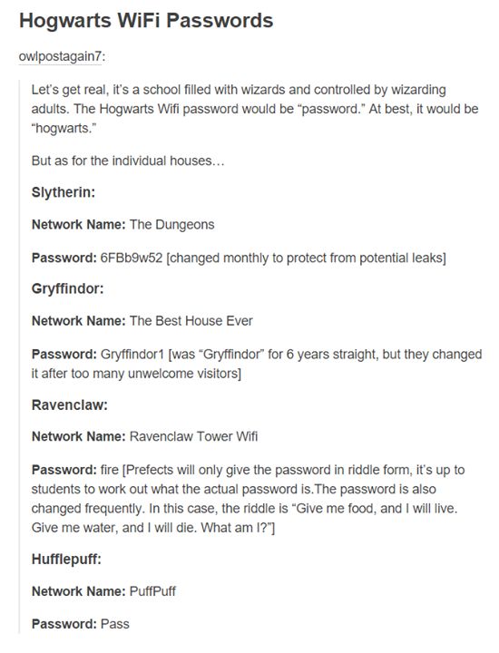 the hogwarts wifi passwords page is shown in this screenshot