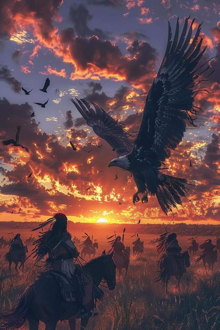 an eagle is flying over a group of people on horses in the field at sunset