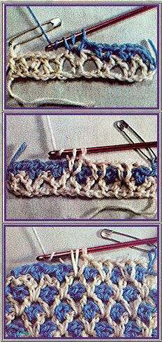 three pictures showing the same crochet stitch