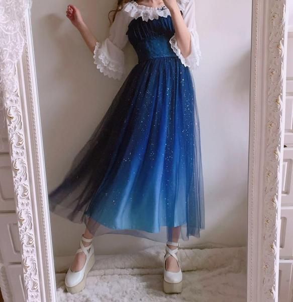 Japanese harajuku galaxy stars gradient blue lengthy gown SD02468  #dress #galaxy #gradient Sky Gradient, Long Blue Dress, Skirt Maxi, Strappy Dresses, Fantasy Dress, Cool Clothes, Starry Sky, Fancy Dresses, Dream Dress