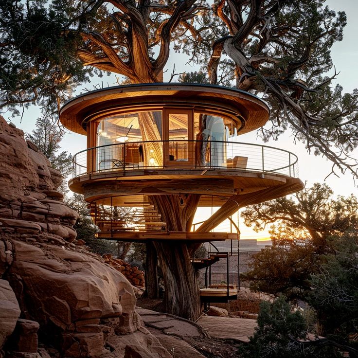 a tree house built into the side of a cliff