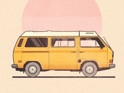 a yellow van with a surfboard on the roof parked in front of a pink sun